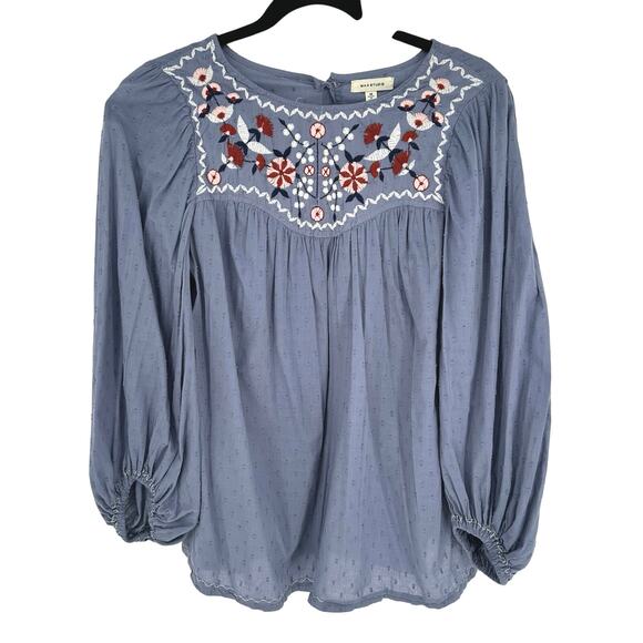 Max Studio Tops - Max Studio Blue Embroidered Top Puff Sleeve M Relaxed Boho Peasant Cottagecore